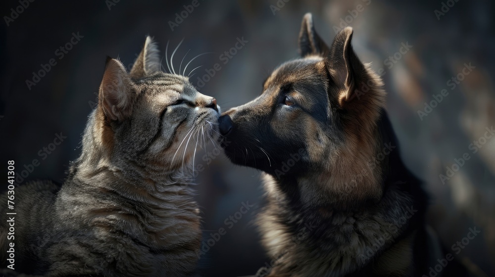 Dog Kiss Cat Take Care, Banner Image For Website, Background, Desktop Wallpaper - obrazy, fototapety, plakaty 