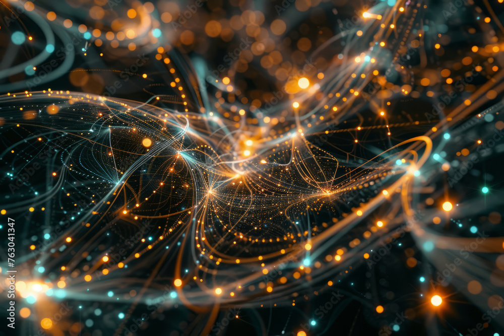 A sophisticated web of radiant lines and shapes, resembling a digital maze shimmering with an otherworldly light. A sophisticated web of radiant lines and shapes, resembling a digital maze shimmering with an otherworldly light.