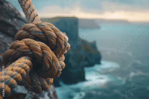 A tightly bound nautical rope knot shown in close-up with an ocean background.