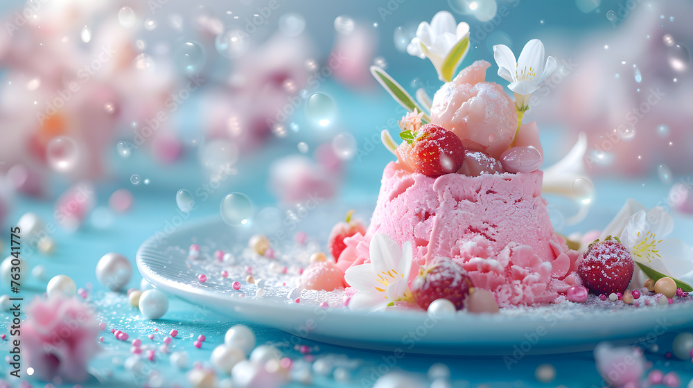 A dreamy strawberry ice cream cake with fresh strawberries and floral toppings, captured in a magical, bubbly atmosphere. A dreamy strawberry ice cream cake with fresh strawberries and floral toppings, captured in a magical, bubbly atmosphere.