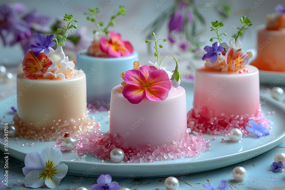 Mousse cake topped with a variety of delicate edible flowers, pearls, and sugar crystals on a pastel plate.