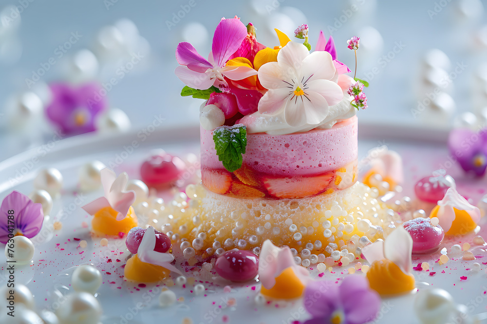A decadent mousse cake, adorned with a variety of delicate edible flowers, pearls, and sugar crystals.