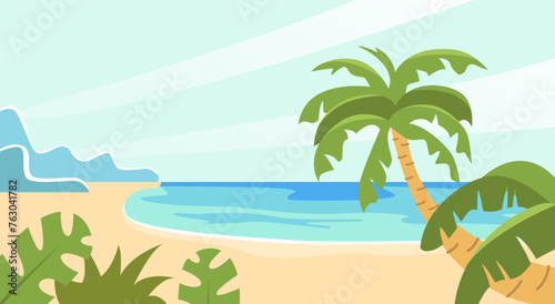 Tropical Summer Beach. Background of Landscape  Panorama of Sea or the Ocean. Summer Sale  Post Template. Vector Illustration.