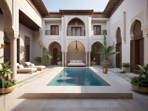 Modern country villa living room living room garden and swimming pool in courtyard, morocco style - 3d render By Alim Graphi photo