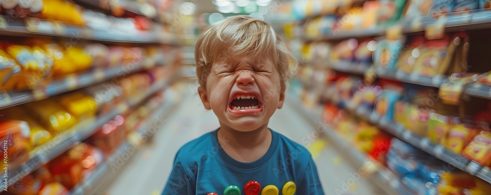 Sad Toddler Crying Over Spilled Candy in a Supermarket Aisle - obrazy, fototapety, plakaty 