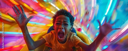 Excited Black Boy's Joyful Scream on a Vibrant Amusement Park Ride in Pop Art Style