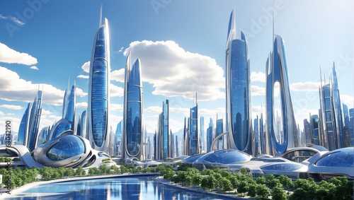 A futuristic city with tall buildings and a river in front of it