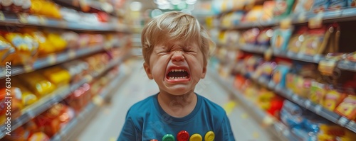 Sad Toddler Crying Over Spilled Candy in a Supermarket Aisle