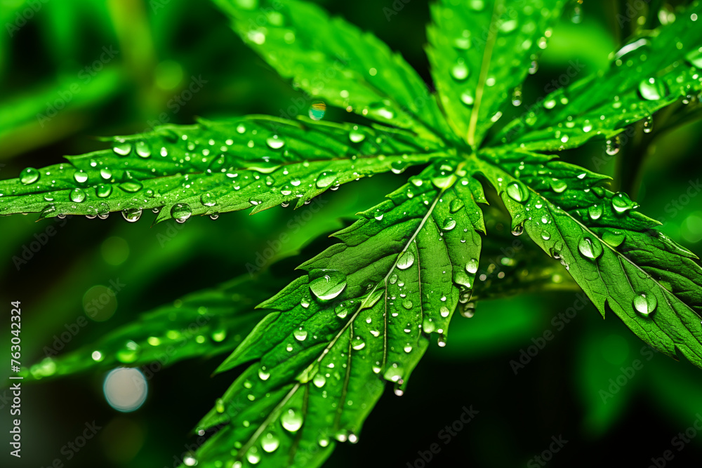 Close-up of a vibrant cannabis leaf with morning dew, illuminated by sunlight in the garden Close-up of a vibrant cannabis leaf with morning dew, illuminated by sunlight in the garden