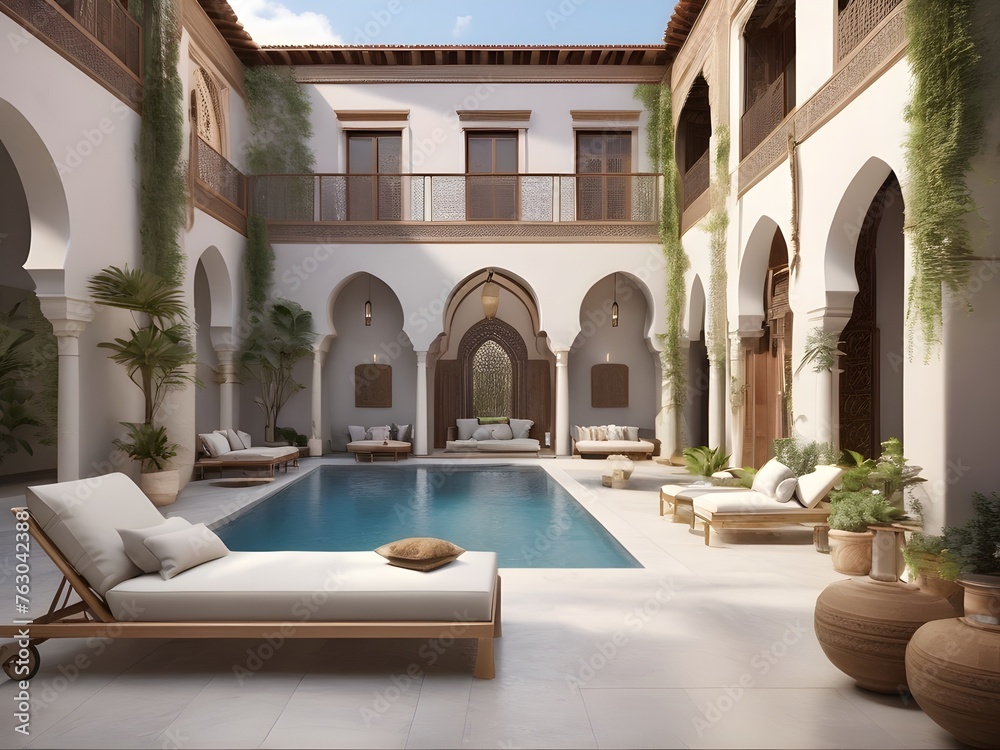 Modern country villa living room living room garden and swimming pool in courtyard, morocco style - 3d render By Alim Graphi