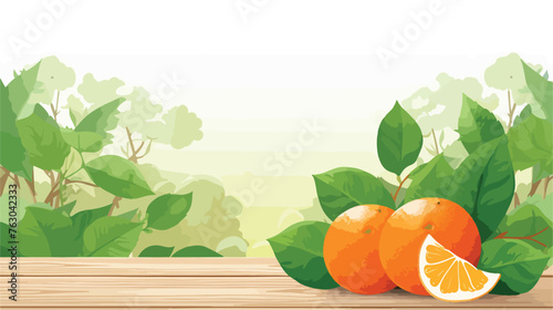 Orange fruit and leaf on wooden with green garden background