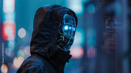 Portrait of anonymous robotic hacker. Concept of hacking cybersecurity, cybercrime, cyberattack 
