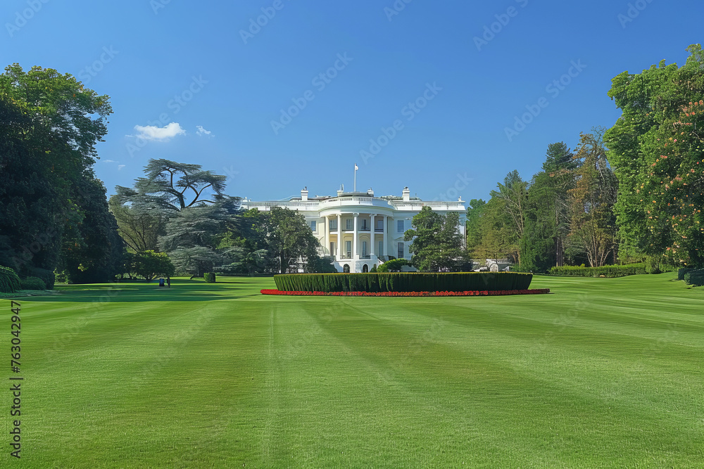 Fototapeta premium The White House surrounded by a picturesque landscape and a clear sky.