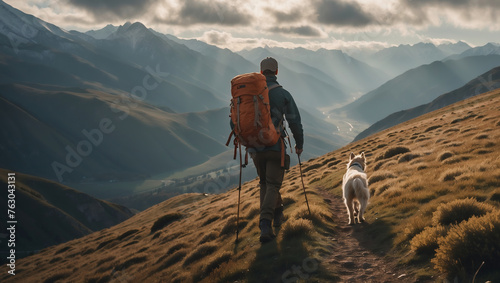 Wanderer und Hund auf Bergpfad mit atemberaubender Aussicht – Rückansicht