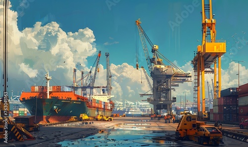 Busy Dockyard, Loading Cargo Under Cloudy Skies