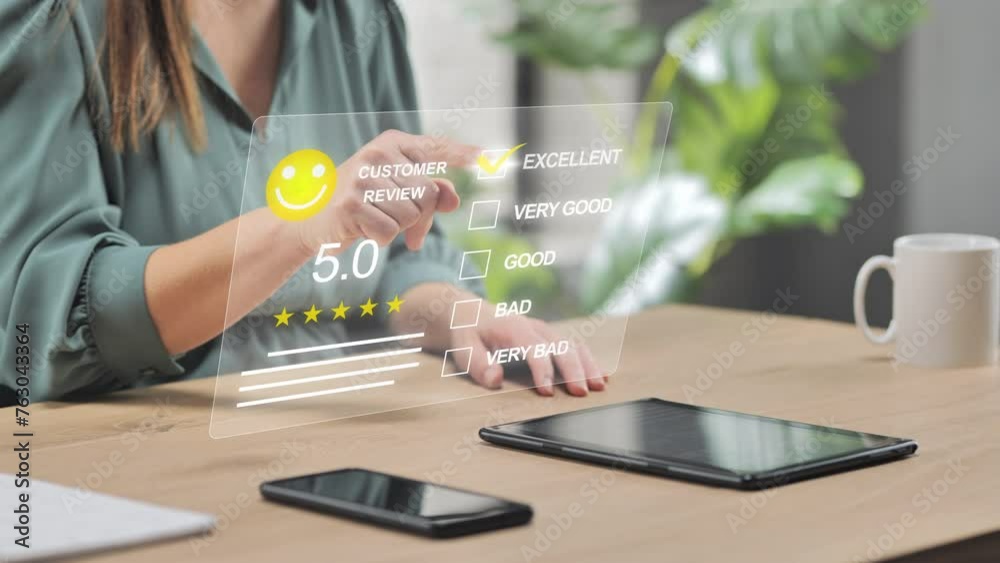 review online female sits at the desk rating website experience using virtual digital touch screen,woman customer giving positive five stars feedback at the internet store shopping online satisfaction