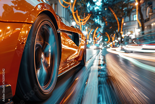 A car is driving down a street at night with a bright orange color. Generative AI photo