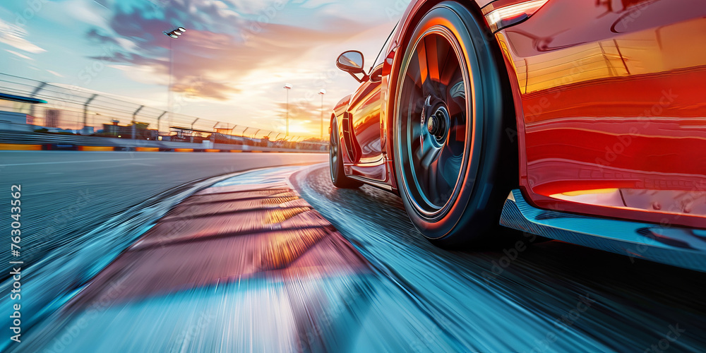 A red sports car is speeding down a track. Generative AI