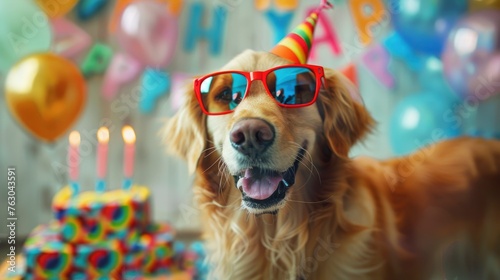 Funny Dog Celebrating Happy Birthday, Banner Image For Website, Background, Desktop Wallpaper photo