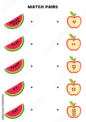 Match pairs of cute watermelon and apple seeds. Logical and math game for kids.