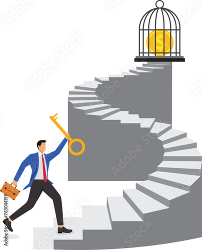 Businessman climbing ladder, holding key, money symbol inside of birdcage