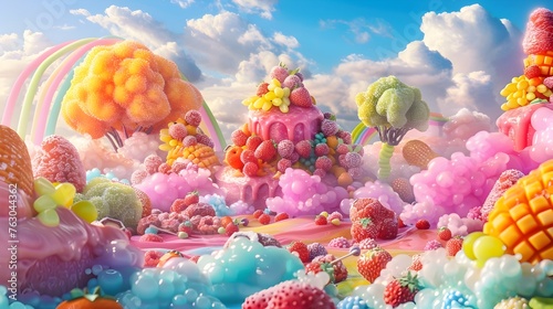 Dreamlike Landscape of Rainbow Clouds Casting Colorful Hues Over Fruit Sauce Desserts