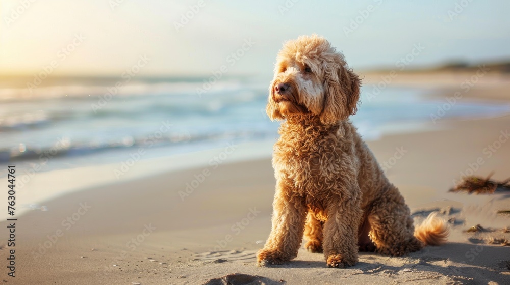 Goldendoodle Dog Sits On Beach Baltic, Banner Image For Website, Background, Desktop Wallpaper - obrazy, fototapety, plakaty 