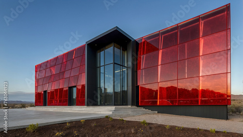 A modern glass and steel building with red panels.

