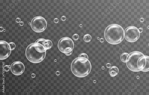 Vector soap bubbles png. Flying soap bubbles. Soap bubbles with various reflections. Detergent, soap, shampoo, foam.