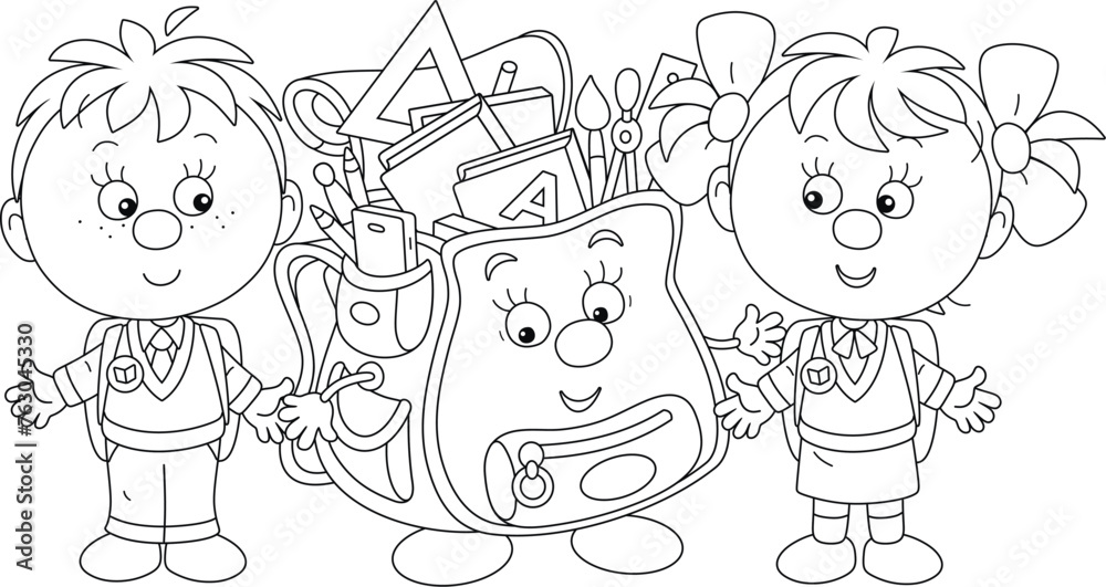 Happy little schoolboy and schoolgirl first graders and cartoony Schoolbag at a holiday of school bell before start of classes in primary school, vector illustration for a coloring book