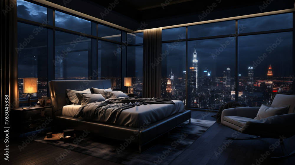 3D interior of dark bedroom black walls luxury room