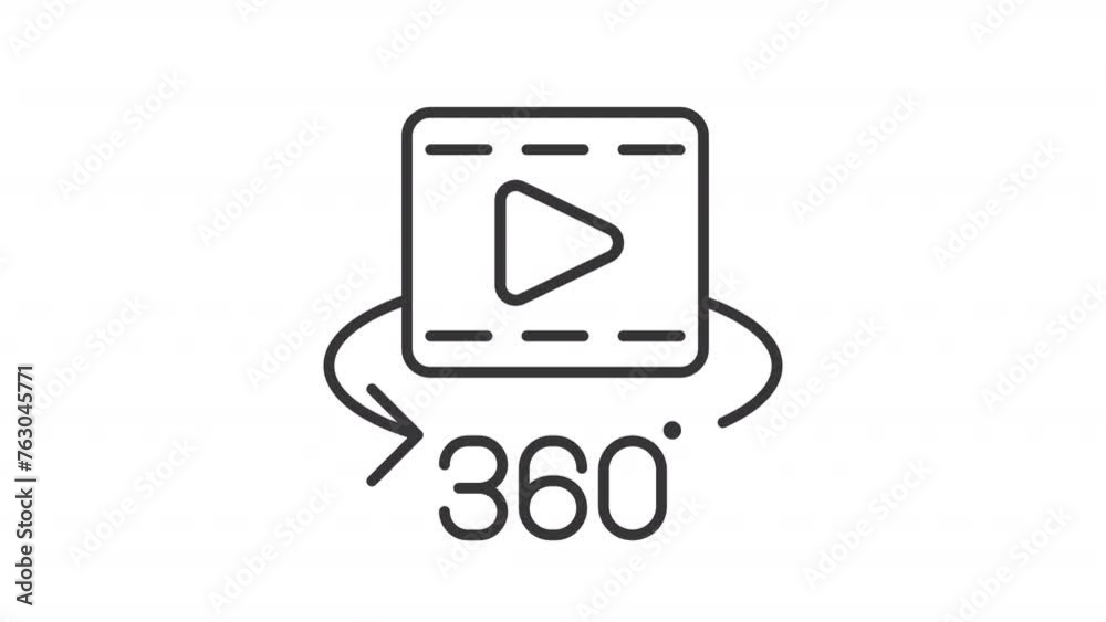 Virtual cinema line animation. Panoramic video animated icon. 360 degree view. Immersive experience. Black illustration on white background. HD video with alpha channel. Motion graphic