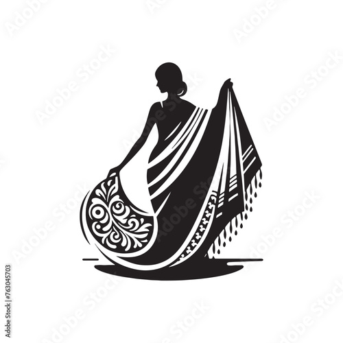 Ethereal Sari Silhouette Showcase - A Visual Ode to Femininity and Tradition with Sari Illustration - Minimallest Sari Black Vector
