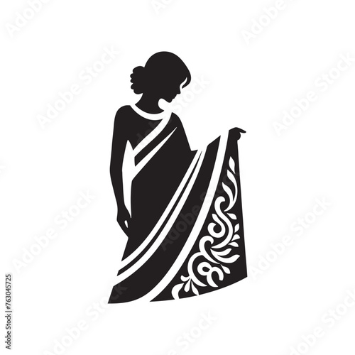 Enigmatic Sari Dress Set of Silhouette - Illuminating the Shadows of Cultural Heritage with Sari Illustration - Minimallest Sari Black Vector
