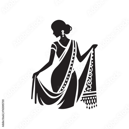 Radiant Sari Silhouette Extravaganza - A Visual Symphony of Tradition and Style with Sari Illustration - Minimallest Sari Black Vector
