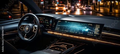 A detailed visual representation of the advanced smart car technology with an advanced heads up display and autonomous driving capabilities.A car navigating urban roads 