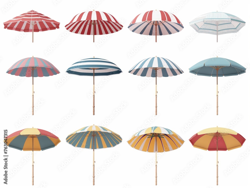 A collection of beach umbrellas in various patterns and colors isolated on a white background