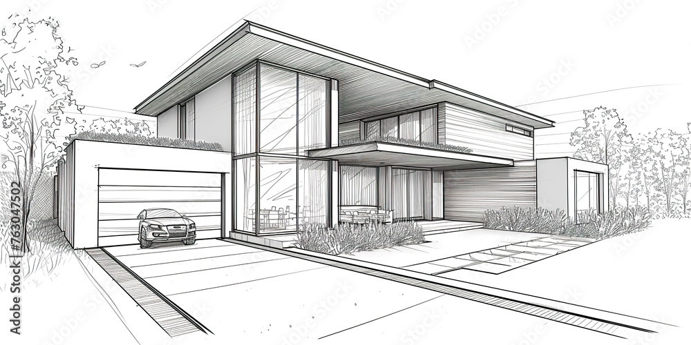 Sketch of modern house project with car in front