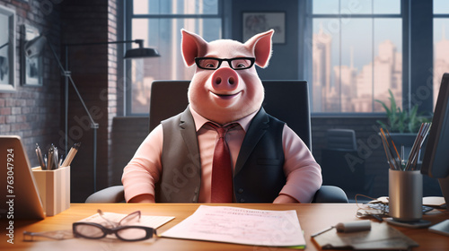 A caricature of a pig in an office in a businessman