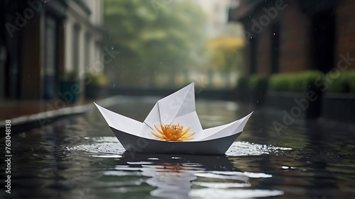 Photo of paper boat floating a stream in a lane