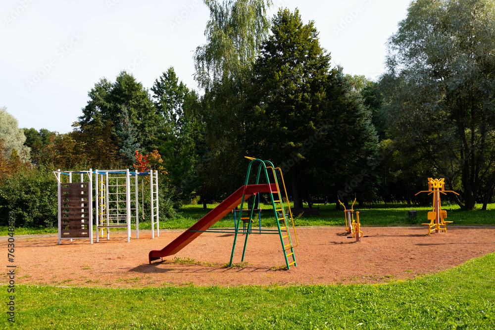 Empty playground in the city park. Quarantine concept. Empty playground in the city park. Quarantine concept.