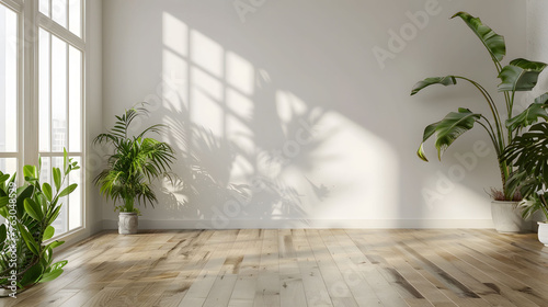 Minimalist interior design of an empty room with a white wall and wooden floor  green plants in pots on the side. Simple and clean interior with bright natural light from a window. Copy space.