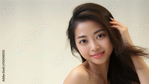 Beauty young cute Asian women with soft glow skin, face care, facial treatment, beauty and spa, body care, cute Asian girl portrait.