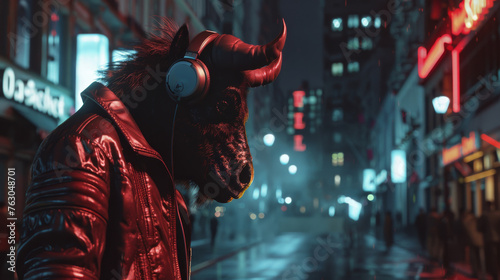 A bison wearing headphones ...
