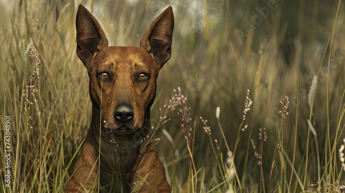 Portrait Brown Bull Terrier Dog Grass, Banner Image For Website, Background, Desktop Wallpaper photo