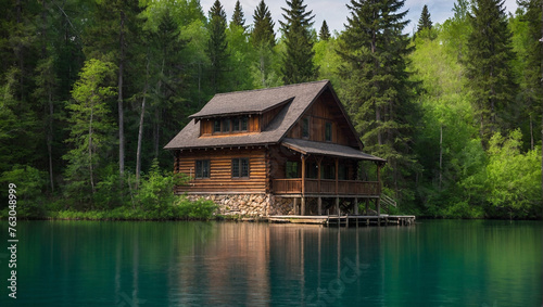 A wooden cabin on a lake surrounded by trees