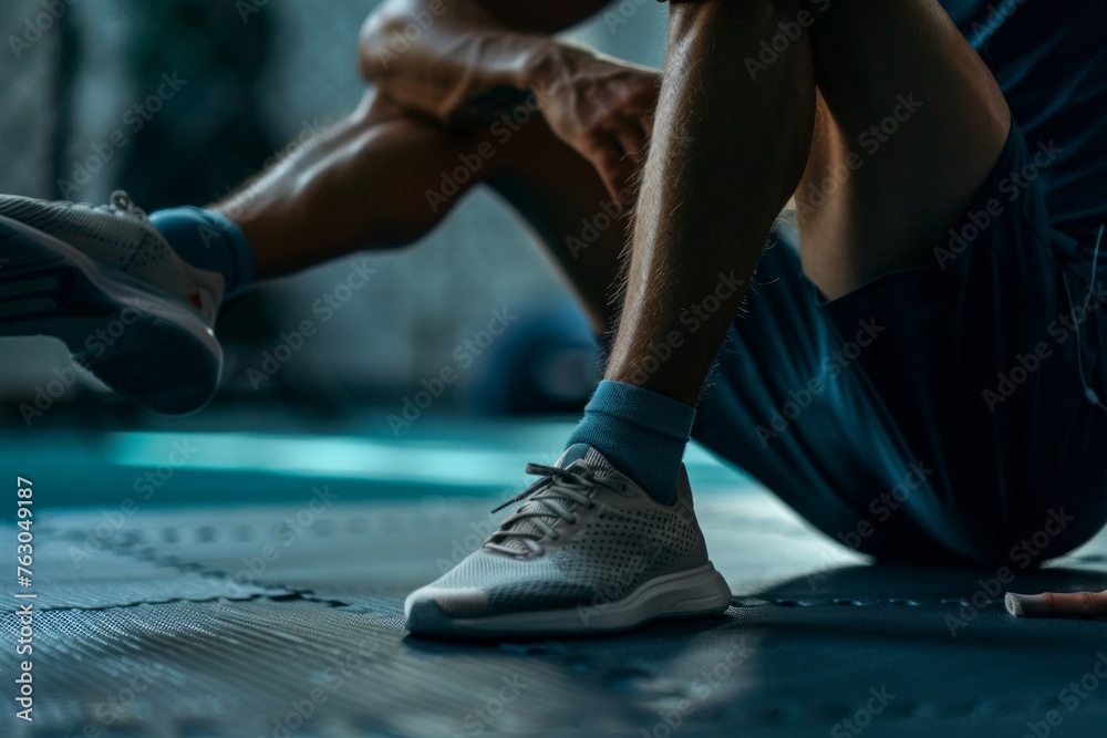 Detail of man doing sports with calf pain holding himself with his hand sitting on a mat. Side view. Detail of man doing sports with calf pain holding himself with his hand sitting on a mat. Side view.