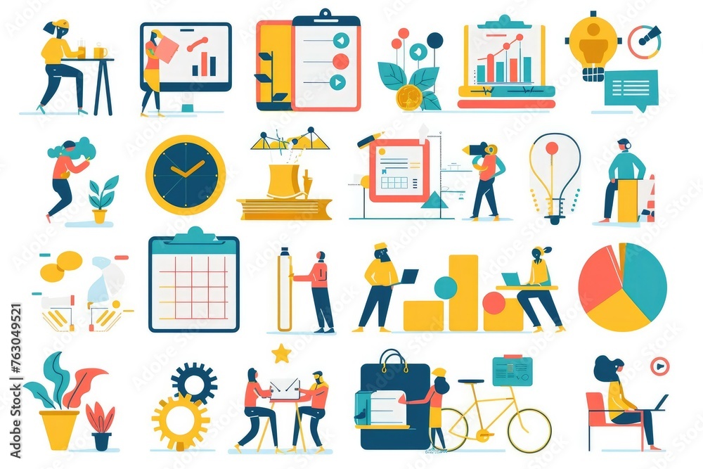 A vibrant collection of illustrated office scenes depicts a range of business and time management activities, with workers busy at presentations, strategy discussions, and analyzing data. A vibrant collection of illustrated office scenes depicts a range of business and time management activities, with workers busy at presentations, strategy discussions, and analyzing data.