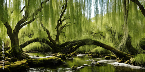 Whispering Willow Grove. Beneath ancient willow trees, their long branches trailing in a silver rive photo