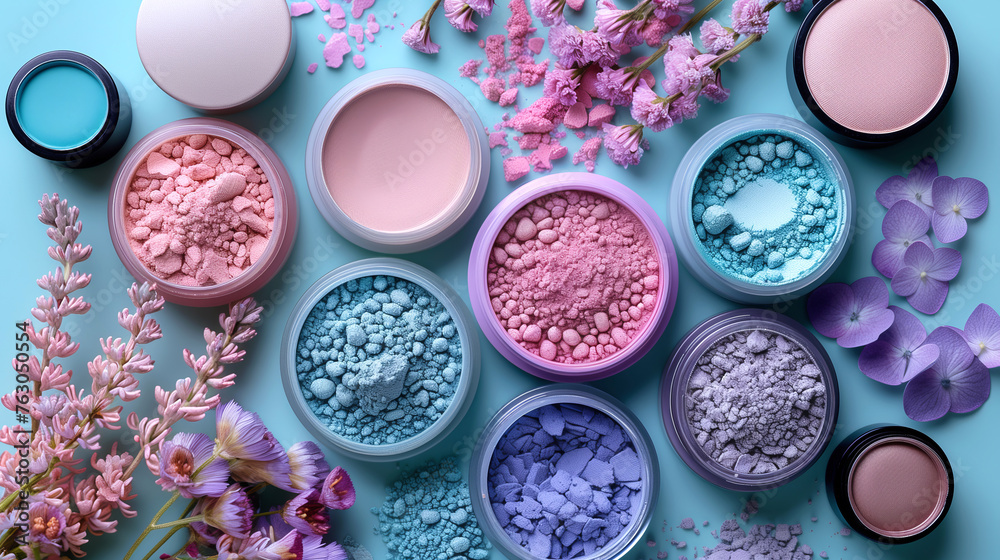 Top view of blush, powder, eyeshadow in pastel colors on light blue background with flowers - obrazy, fototapety, plakaty 